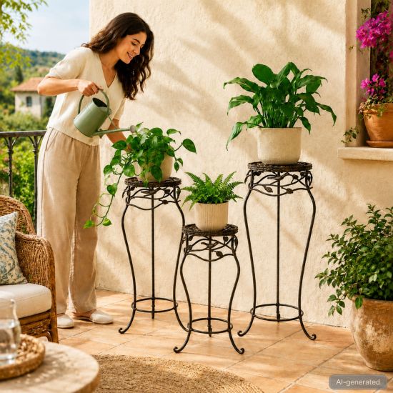 Preview: DanDiBo Blumenständer Metall Schwarz /Braun Antik Rund 18215 3er Set 52 cm / 65 cm / 78 cm Pflanzenständer Blumenhocker Beistelltisch Blumensäule Pflanzenhocker