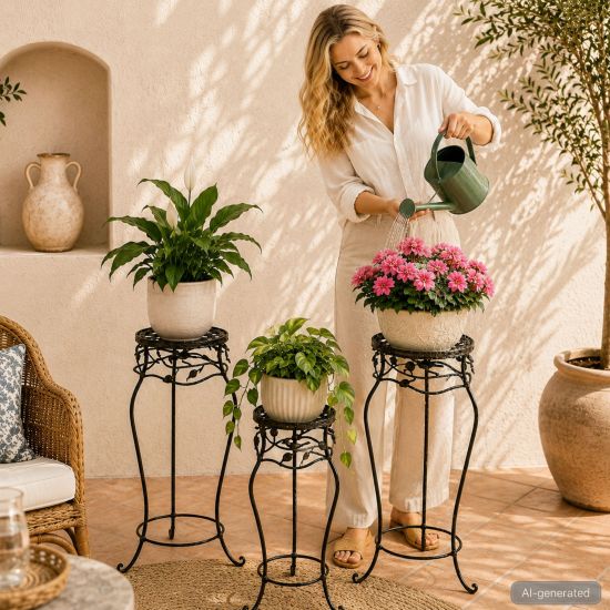 DanDiBo Blumenständer Metall Schwarz /Braun Antik Rund 18215 3er Set 52 cm / 65 cm / 78 cm Pflanzenständer Blumenhocker Beistelltisch Blumensäule Pflanzenhocker