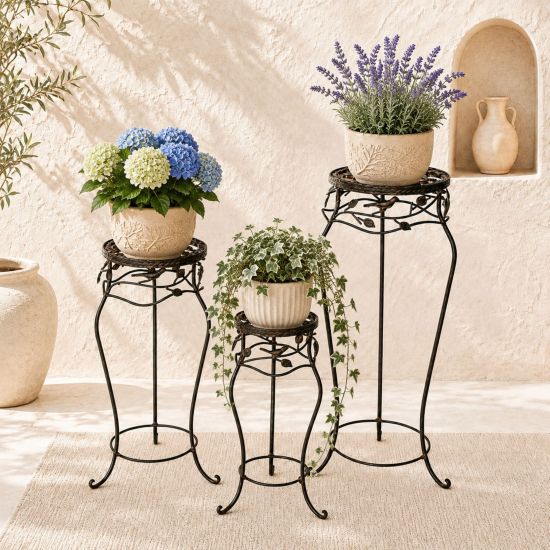 DanDiBo Blumenständer Metall Schwarz /Braun Antik Rund 18215 3er Set 52 cm / 65 cm / 78 cm Pflanzenständer Blumenhocker Beistelltisch Blumensäule Pflanzenhocker