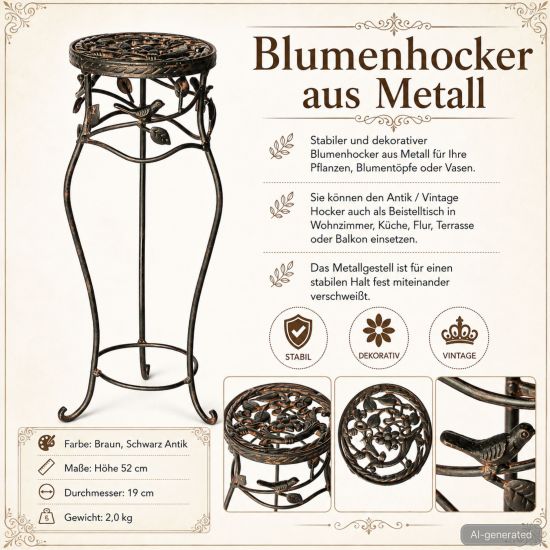 Preview: DanDiBo Blumenständer Metall Schwarz / Braun Antik Rund 18215 52 cm  Pflanzenständer Blumenhocker Beistelltisch Blumensäule Pflanzenhocker