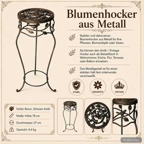 Preview: DanDiBo Blumenständer Metall Schwarz /Braun Antik Rund 18215 78 cm Pflanzenständer Blumenhocker Beistelltisch Blumensäule Pflanzenhocker
