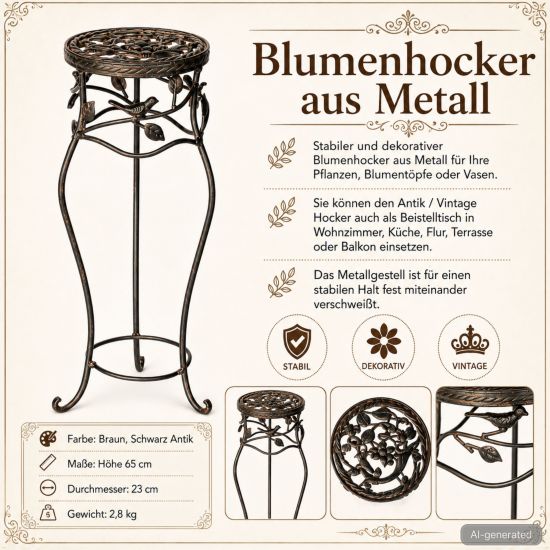 Preview: DanDiBo Blumenständer Metall Schwarz /Braun Antik Rund 18215 65 cm  Pflanzenständer Blumenhocker Beistelltisch Blumensäule Pflanzenhocker