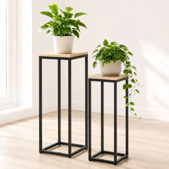 DanDiBo Blumenständer Metall Schwarz Eckig 2er Set 60 cm und 70 cm Pflanzenständer 96705 Blumenhocker Beistelltisch Blumensäule Design Modern Pflanzenhocker Blumensäule Blumenbank Plant Stand