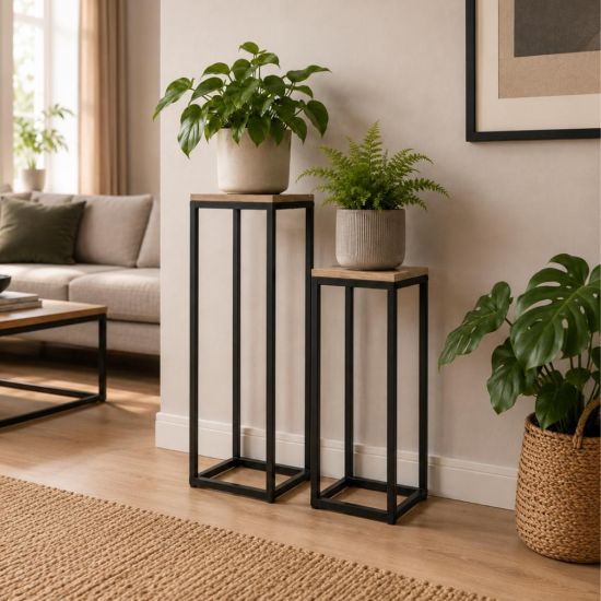 Preview: DanDiBo Blumenständer Metall Schwarz Eckig 2er Set 60 cm und 70 cm Pflanzenständer 96705 Blumenhocker Beistelltisch Blumensäule Design Modern Pflanzenhocker Blumensäule Blumenbank Plant Stand