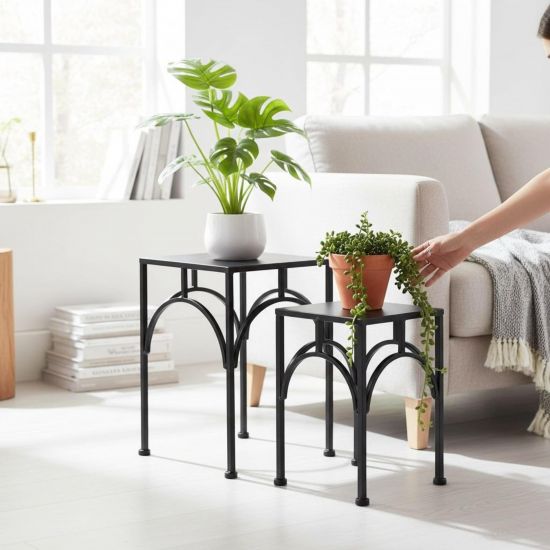 Preview: DanDiBo Metal Plant Stands Black Square 96449 Set of 2 Flower Stands Plant Pot Stands Side Tables Flower Pedestals Modern Plant Stools