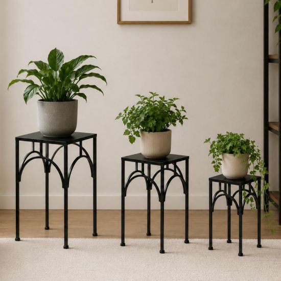 DanDiBo Metal Plant Stand Black Square 96449 Set of 3 Flower Pot Stands Plant Stools Side Tables Flower Columns Modern Plant Pedestals