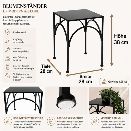 Preview: DanDiBo Metal Plant Stand Black Square 96449 Size L 38 cm Plant Pot Stand Flower Stool Side Table Flower Pedestal Modern Plant Stool