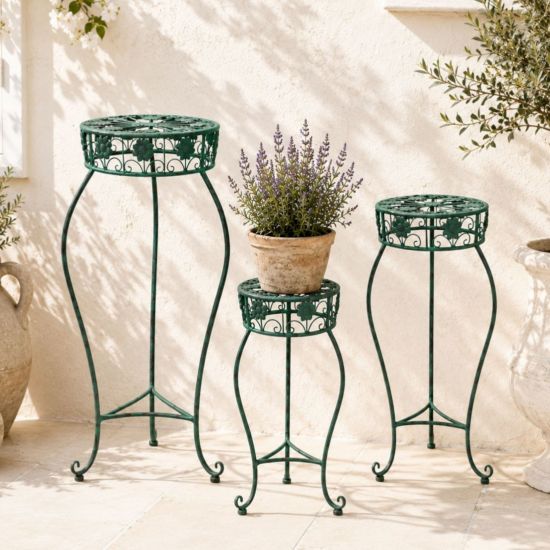 DanDiBo Blumenständer Metall Schwarz / Grün Rund 96008 3er Set 50 cm / 60 cm / 75 cm Pflanzenständer Blumenhocker Beistelltisch Blumensäule Pflanzenhocker
