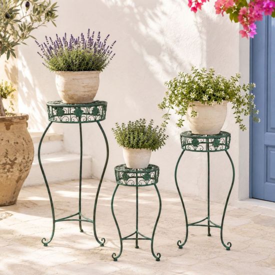 DanDiBo Blumenständer Metall Schwarz / Grün Rund 96008 3er Set 50 cm / 60 cm / 75 cm Pflanzenständer Blumenhocker Beistelltisch Blumensäule Pflanzenhocker