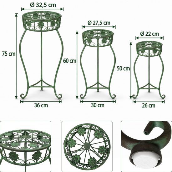 Preview: DanDiBo Blumenständer Metall Schwarz / Grün Rund 96008 3er Set 50 cm / 60 cm / 75 cm Pflanzenständer Blumenhocker Beistelltisch Blumensäule Pflanzenhocker