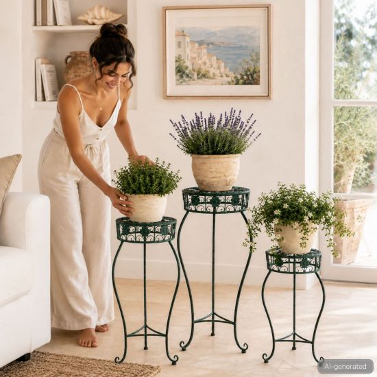 Preview: DanDiBo Blumenständer Metall Schwarz / Grün Rund 96008 3er Set 50 cm / 60 cm / 75 cm Pflanzenständer Blumenhocker Beistelltisch Blumensäule Pflanzenhocker