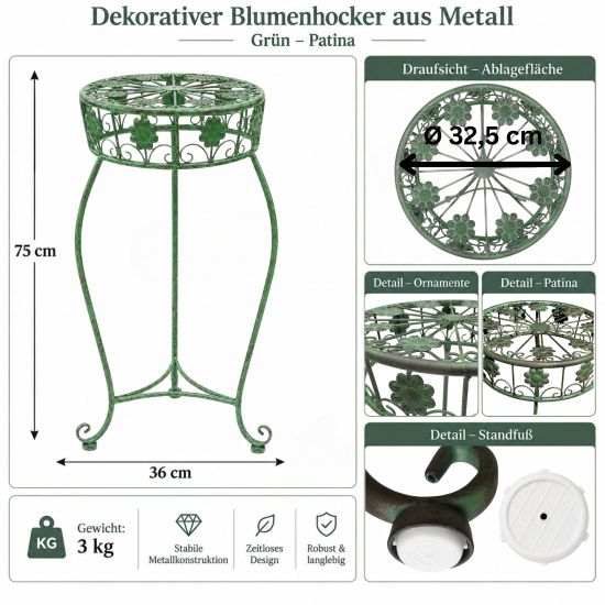Preview: DanDiBo Metal Flower Stand Black / Green Round 96008 Plant Stand 75 cm Flower Stool Side Table Plant Pedestal Plant Stool