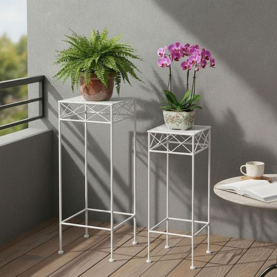 DanDiBo Flower Stool White Metal Square Flower Stand 96314 Set of 2 Side Table Flower Column Modern Plant Stand Plant Stool