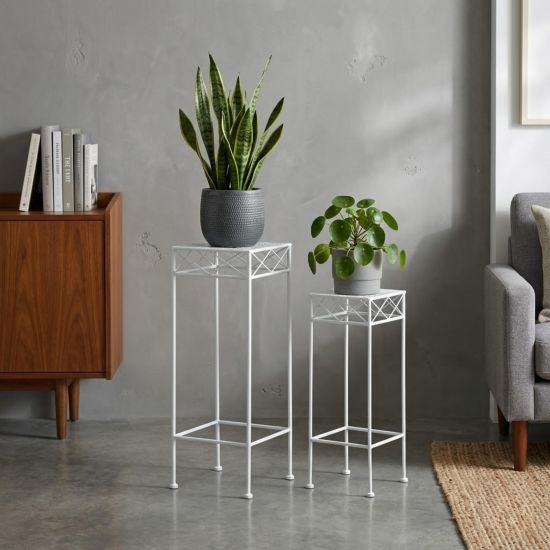 DanDiBo Flower Stool White Metal Square Flower Stand 96314 Set of 2 Side Table Flower Column Modern Plant Stand Plant Stool