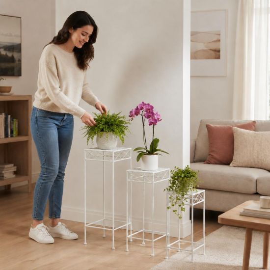 DanDiBo Flower Stand Metal White Square 96314 Set of 3 Plant Stand Flower Stool Side Table Flower Column Modern Plant Stool