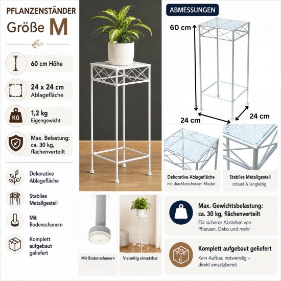 Preview: DanDiBo Blumenständer Metall Weiss Eckig 96314 M 60 cm Pflanzenständer Blumenhocker Beistelltisch Blumensäule Modern Pflanzenhocker