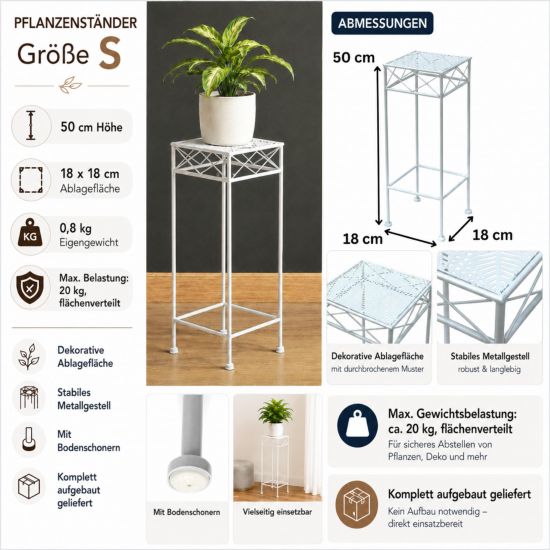Preview: DanDiBo Blumenständer Metall Weiss Eckig 96314 S 50 cm Pflanzenständer Blumenhocker Beistelltisch Blumensäule Modern Pflanzenhocker