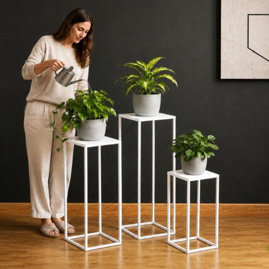 Preview: DanDiBo Blumenständer Metall Weiss Eckig 96482 3 er Set Pflanzenständer Blumenhocker Beistelltisch Blumensäule Modern Pflanzenhocker