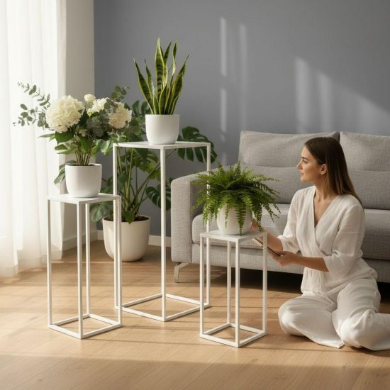 DanDiBo Blumenständer Metall Weiss Eckig 96482 3 er Set Pflanzenständer Blumenhocker Beistelltisch Blumensäule Modern Pflanzenhocker