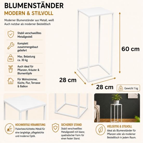 Preview: DanDiBo Square Metal Plant Stand White 96482 M 60 cm Plant Holder Plant Stool Side Table Flower Pedestal Modern Plant Stool
