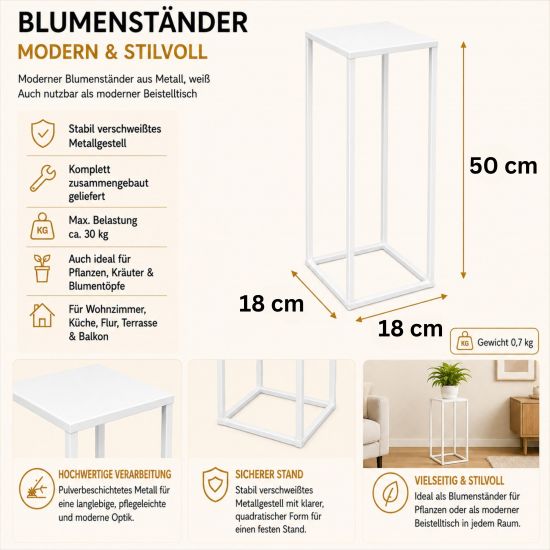 Preview: DanDiBo Metal Plant Stand White Square 96482 S Plant Holder 50 cm Flower Stool Side Table Flower Pedestal Modern Plant Stool