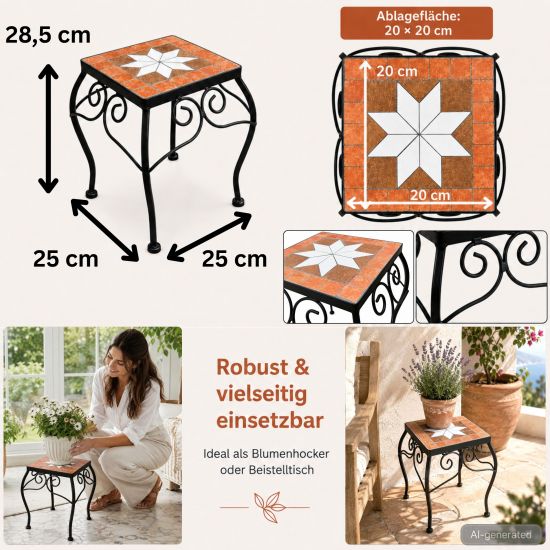 Preview: DanDiBo Mosaic Flower Stand Square 12015 M Plant Stand for Outdoor Use 28cm Flower Stool Outdoor Side Table Plant Stool