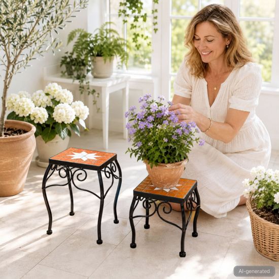 Preview: DanDiBo Mosaic Flower Stand Square Set of 2 12015 Plant Stand for Outdoor Use Flower Stool Outdoor Side Table Plant Stool