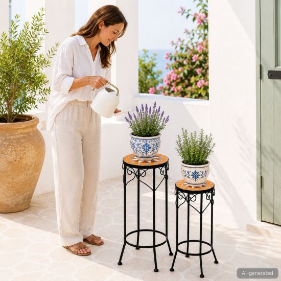 DanDiBo Round Mosaic Plant Stands Set of 2 12011 Outdoor Plant Stands Flower Pot Stools Outdoor Side Tables Plant Stools