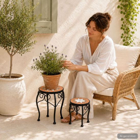 DanDiBo Mosaic Round Plant Stand Set of 2 12014 Plant Holder for Outdoor Use Flower Stool Outdoor Side Table Plant Stool