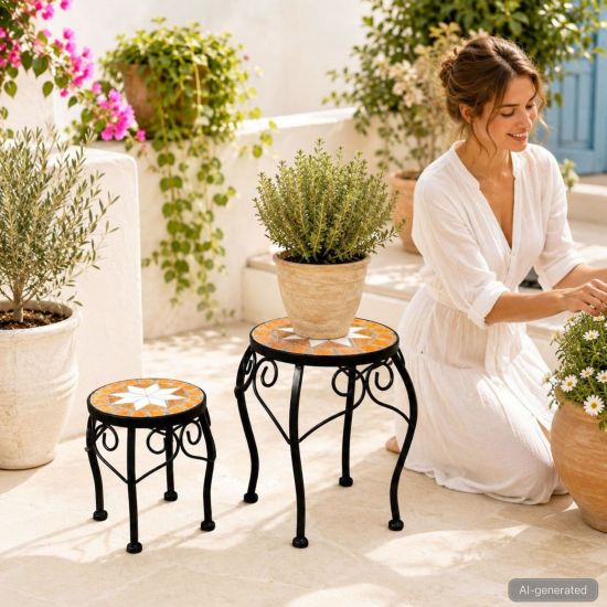 DanDiBo Mosaic Round Plant Stand Set of 2 12014 Plant Holder for Outdoor Use Flower Stool Outdoor Side Table Plant Stool