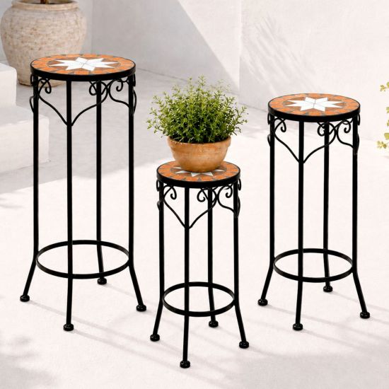 DanDiBo Round Mosaic Plant Stands, Set of 3, 12011, Outdoor Flower Stands, Plant Stools, Side Tables