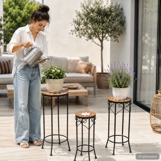 DanDiBo Round Mosaic Plant Stands, Set of 3, 12011, Outdoor Flower Stands, Plant Stools, Side Tables