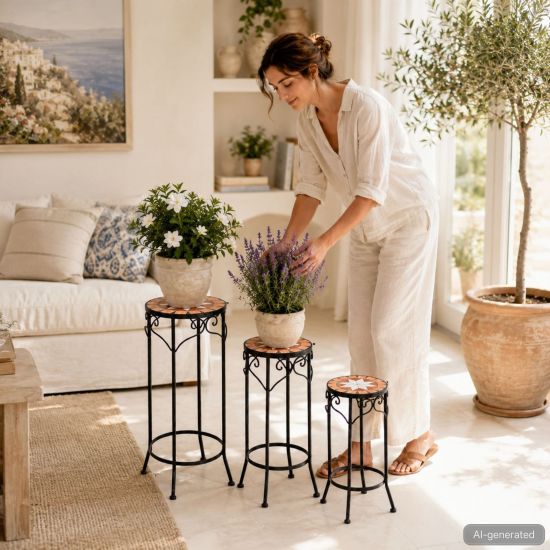 DanDiBo Round Mosaic Plant Stands, Set of 3, 12011, Outdoor Flower Stands, Plant Stools, Side Tables