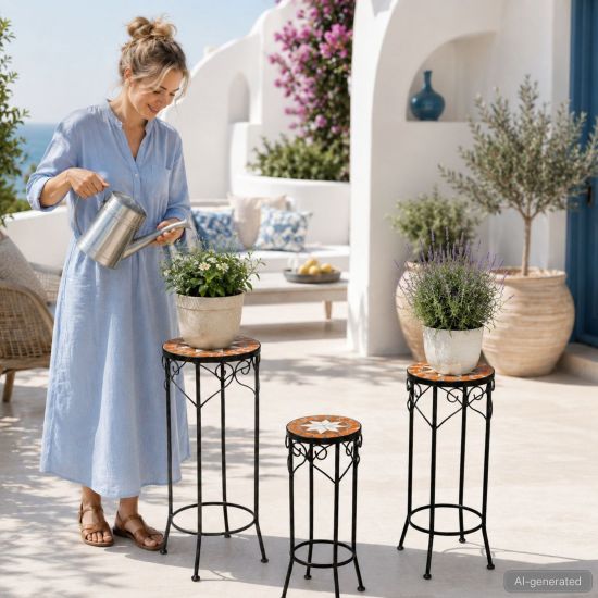 DanDiBo Round Mosaic Plant Stands, Set of 3, 12011, Outdoor Flower Stands, Plant Stools, Side Tables