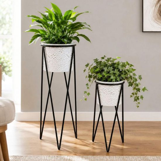 DanDiBo Blumenständer mit Topf Metall Schwarz Weiß 2er Set Blumenhocker 96043 Blumensäule Modern Pflanzenständer Pflanzenhocker
