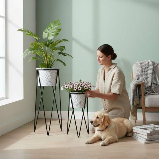 Preview: DanDiBo Blumenständer mit Topf Metall Schwarz Weiß 2er Set Blumenhocker 96043 Blumensäule Modern Pflanzenständer Pflanzenhocker