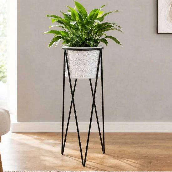 DanDiBo Blumenständer mit Topf Metall Schwarz Weiß Rund 96043 L 75 cm Pflanzenständer Blumenhocker Beistelltisch Blumensäule Modern Pflanzenhocke
