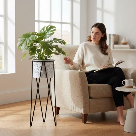 DanDiBo Blumenständer mit Topf Metall Schwarz Weiß Rund 96043 L 75 cm Pflanzenständer Blumenhocker Beistelltisch Blumensäule Modern Pflanzenhocke