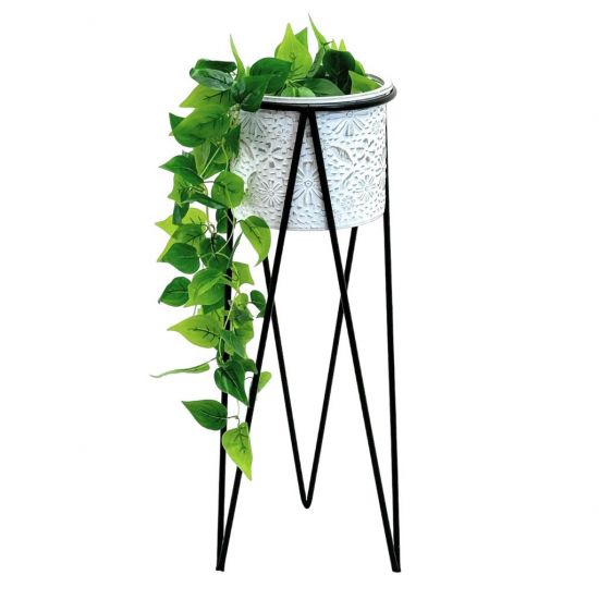 DanDiBo Blumenständer mit Topf Metall Schwarz Weiß Rund 96043 L 75 cm Pflanzenständer Blumenhocker Beistelltisch Blumensäule Modern Pflanzenhocke