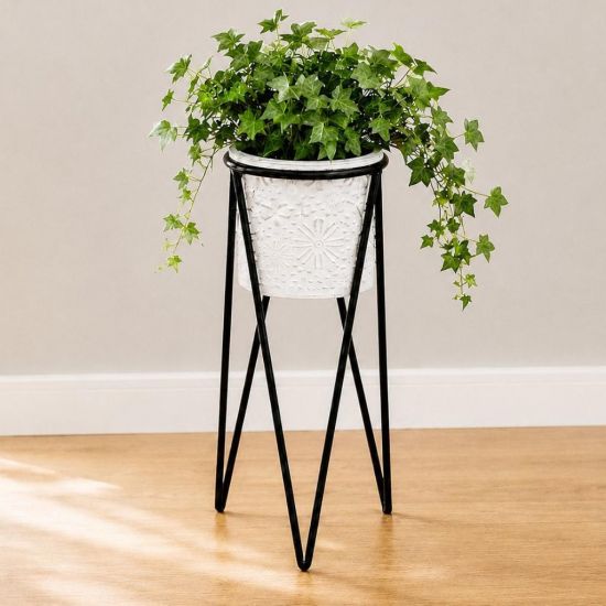 DanDiBo Blumenständer mit Topf Metall  Schwarz Weiß Rund 96043 S 50 cm Pflanzenständer Blumenhocker Beistelltisch Blumensäule Modern Pflanzenhocker