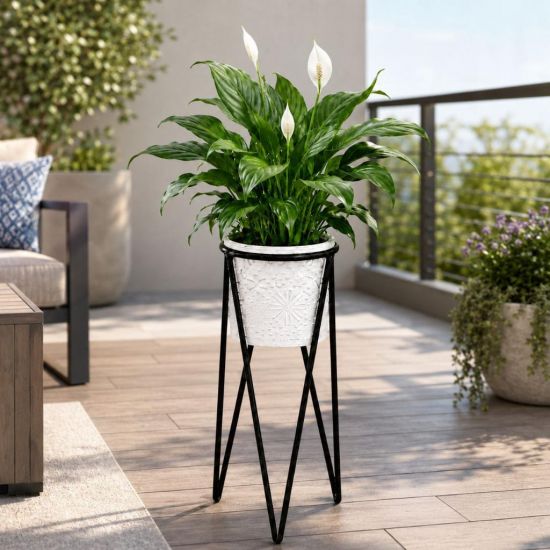 DanDiBo Blumenständer mit Topf Metall  Schwarz Weiß Rund 96043 S 50 cm Pflanzenständer Blumenhocker Beistelltisch Blumensäule Modern Pflanzenhocker