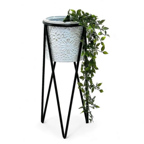 DanDiBo Blumenständer mit Topf Metall  Schwarz Weiß Rund 96043 S 50 cm Pflanzenständer Blumenhocker Beistelltisch Blumensäule Modern Pflanzenhocker