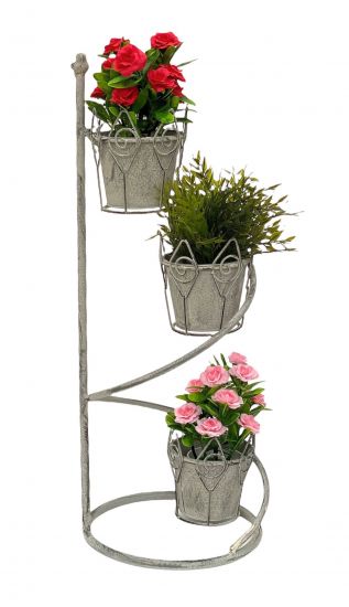 DanDiBo Blumentreppe Innen Metall Weiß Grau Rund 75 cm Blumenständer mit 3 Töpfe 96131 Blumenständer Blumensäule Pflanzenständer Balkon Vintage