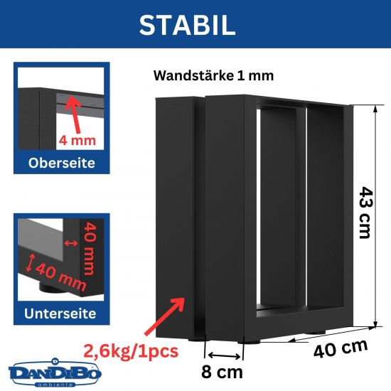 Preview: DanDiBo 2x Bankgestell Metall Schwarz 43 x 30 cm Bank Füße Bankbeine 96664 Bankkufen Couchtisch Tisch Beine Tischgestell
