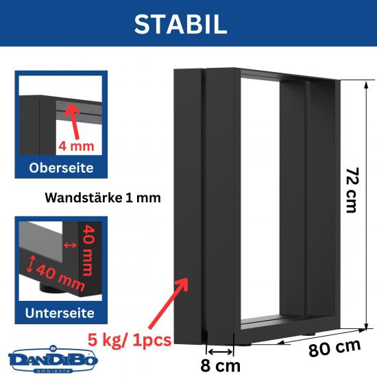 Preview: DanDiBo 2x Tischbeine Metall Schwarz 72 x 70 cm Tischgestell Höhenverstellbar 96661 Tischfüße Möbelfüße Tischkufen Esstisch Beine