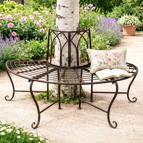 Preview: DanDiBo Baumbank Halbrund Metall Wetterfest Braun 127 cm 3 Sitzer 121071 Gartenbank mit Rückenlehne Rundbank Parkbank Bank Outdoor Sitzbank