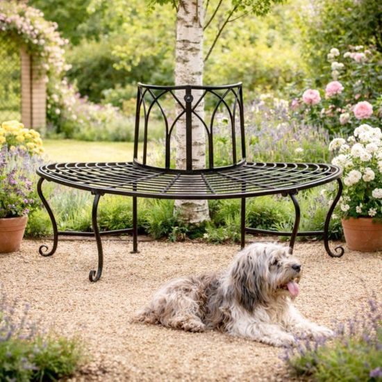 DanDiBo Baumbank Halbrund Metall Wetterfest Braun 127 cm 3 Sitzer 121071 Gartenbank mit Rückenlehne Rundbank Parkbank Bank Outdoor Sitzbank