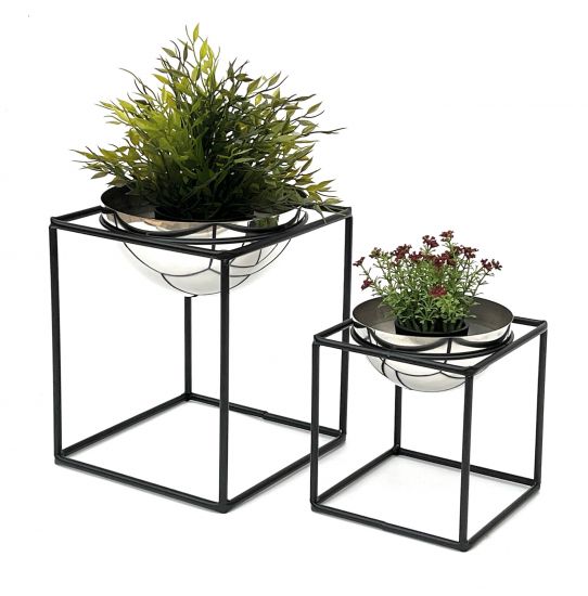 DanDiBo Blumenhocker Metall mit Topf Schwarz Silber Blumenständer 96256 2er Set Blumensäule Modern Pflanzenständer Pflanzenhocker