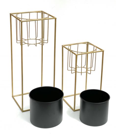 DanDiBo Blumenhocker mit Topf Metall Gold Schwarz Eckig 2er Set Blumenständer 96035 Blumensäule Modern Pflanzenständer Pflanzenhocker