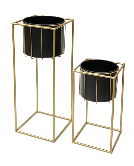 DanDiBo Blumenhocker mit Topf Metall Gold Schwarz Eckig 2er Set Blumenständer 96035 Blumensäule Modern Pflanzenständer Pflanzenhocker